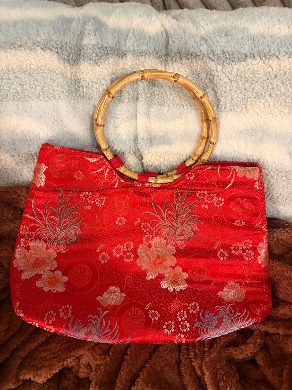 Red Floral Satin Tote with Bamboo Handles